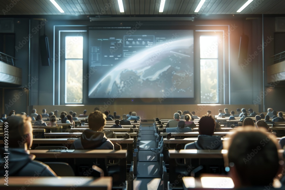 Poster a classroom full of students actively involved in watching content on a screen during a lecture, a d