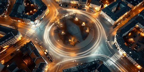 Nighttime Traffic Circle with Cars in an Urban Setting. Concept Nighttime Photography, Urban Traffic, Cityscape, Car Lights, Traffic Circle