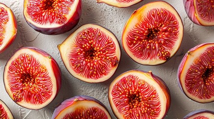   A group of sliced figs sits on a white table beside a plate of sliced figs