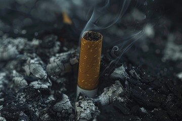 A lit cigarette emitting smoke, A faint aroma of tobacco lingering in the air around the half-burnt cigarette