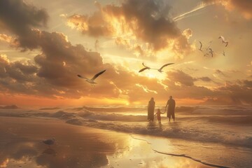 A couple standing on top of a beach, enjoying a stunning sunset view, A family admiring a stunning sunset on a beach, with seagulls flying overhead