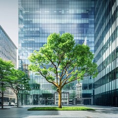 Single Flourishing Tree in Urban Modern Courtyard with Reflective Glass Buildings