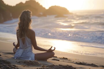 A woman is sitting on the beach, meditating. The sun is setting, casting a warm glow over the scene