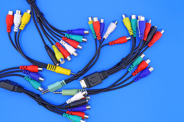 Cable with connectors for connecting audio and video equipment. Close-up.