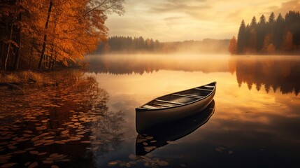 Autumnal Serenity On A Misty Lake With A Canoe Amongst Golden Foliage. Generative AI