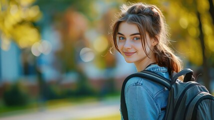 Portrait of beautiful female university student with backpack standing in front of campus building.
