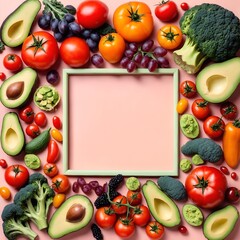 Variety of vegetables and fruits. Top view with blank copy space for text.