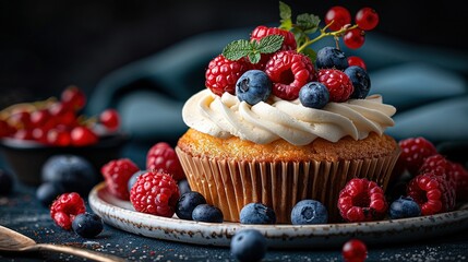   A macro shot of a cupcake on a dish with blueberry and raspberry toppings