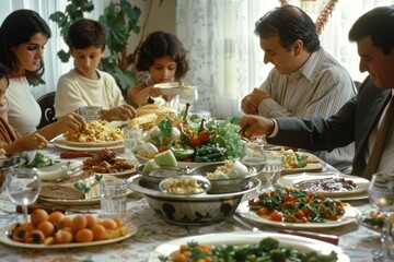 A family enjoying a meal together at a table filled with delicious dishes, A family gathering around a table filled with delicious food