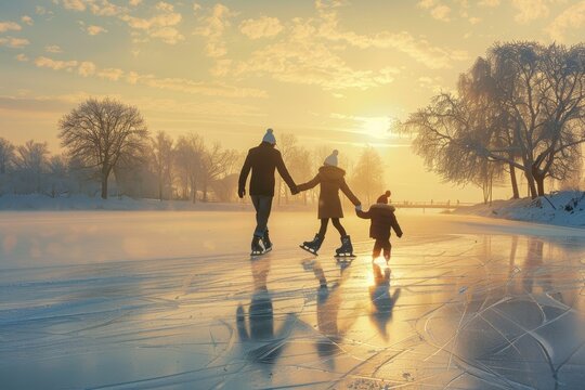 A family of skaters holding hands glides gracefully on a frozen lake against a sunset backdrop, A family ice skating on a frozen pond, holding hands and gliding gracefully across the shimmering ice