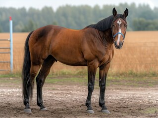 A brown horse stands in a field with a blue halter. The horse is looking to the right