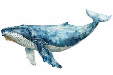 Baleen whale,  Pastel-colored, in hand-drawn style, watercolor, isolated on white background