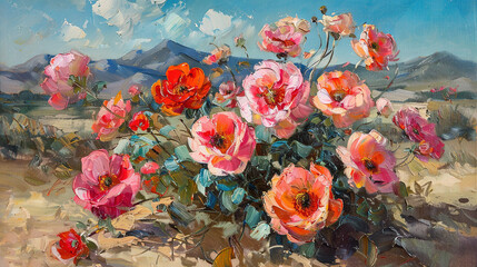 Fototapeta premium A field of flowers against a mountainous backdrop with cloudy skies