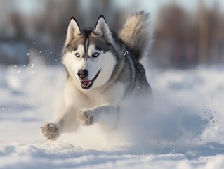 A dog is running through the snow with its tongue out. The dog is white and has blue eyes