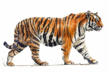 Bengal tiger,  Pastel-colored, in hand-drawn style, watercolor, isolated on white background