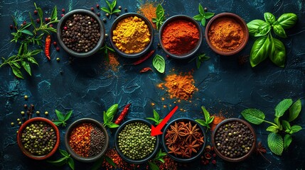   A set of bowls containing diverse spice mixes and a red arrow directing towards the top of the bowls