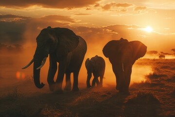 Family of elephants in a herd, walking across a grass-covered field in the savannah, A family of elephants walking through a dusty savannah at sunset