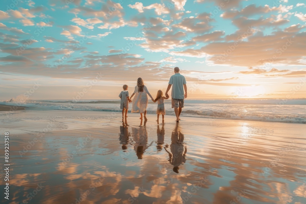 Sticker A family of five walks hand in hand along the peaceful beach during the sunset, A family of five walking hand in hand along a peaceful beach at sunrise