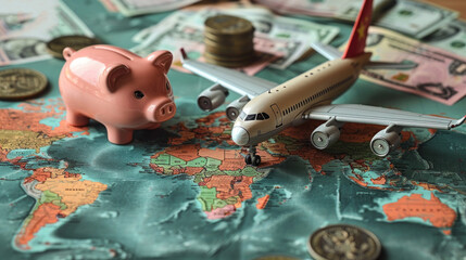 Saving for Travel: Airplane on World Map with Piggy Bank and Money