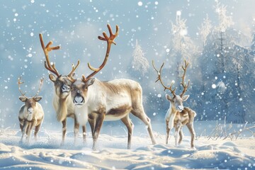 A group of deer gathered on a snowy field, A family of reindeer playing in a winter wonderland - Powered by Adobe