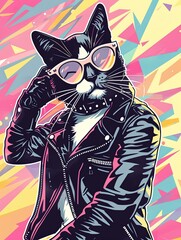 A cat with light colored glasses, leather jacket, and scratching behind the ear.