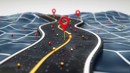 Navigating the Journey: Road Map with Red Location Pins