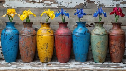 Fototapeta premium Group of vases with flowers sitting on wooden plank wall