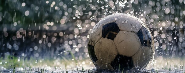 Weathered soccer ball on wet grass during a rain shower - obrazy, fototapety, plakaty