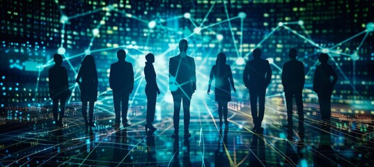 A group of business people standing in front, silhouettes with a digital code background The concept is about technology and network connection for online social media marketing Generative AI