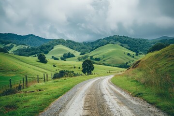 A dirt road meanders through a vibrant green field under a clear blue sky, A family road trip through rolling hills and lush green countryside - Powered by Adobe