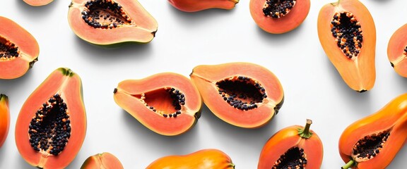 Cut papaya on white. Healthy fruit. Top view