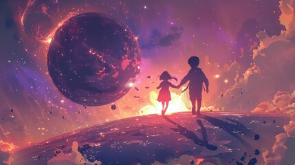 A novel cover illustration depicting a boy and girl in futuristic space gear, holding hands as they float above a shimmering alien planet, the galaxy stretching out infinitely behind them.