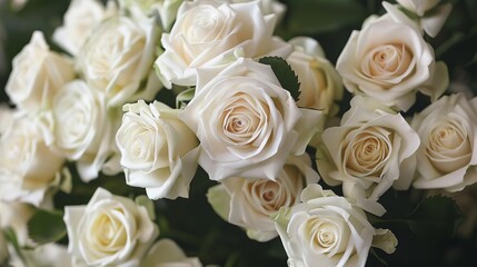 A lush bouquet of creamy white roses in full bloom, their petals forming spirals that highlight the ethereal beauty of this romantic flower