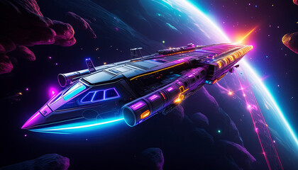 Spaceship with a planet at background, stars and asteroids.