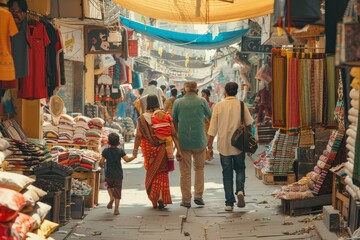 Obraz premium A diverse group of individuals strolling through a crowded narrow street, A family taking a trip to explore the bustling markets of Mumbai