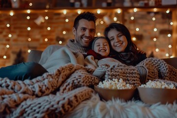 A man and two women sitting on a couch watching a movie with popcorn in front of them, A family watching a holiday movie together, snuggled up on the couch with blankets and bowls of popcorn