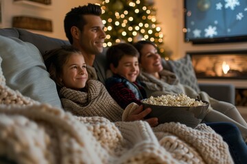 A family of four sitting together on a couch, engrossed in watching a holiday movie, A family watching a holiday movie together, snuggled up on the couch with blankets and bowls of popcorn