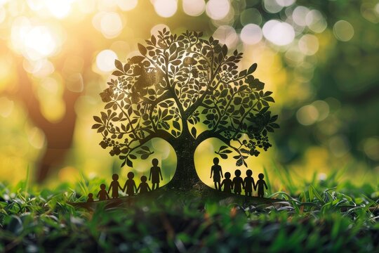 A tree with people shapes cut out of its trunk and branches, A family tree with branches bending and twisting to represent different generations and connections