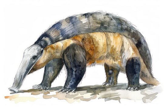Giant anteater,  Pastel-colored, in hand-drawn style, watercolor, isolated on white background