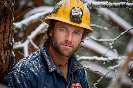 Man Wearing Yellow Helmet Standing Next to Tree