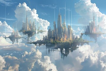 A city of futuristic design floats above the clouds, with tall towers and buildings reaching into...