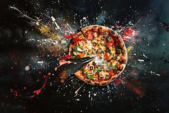 An abstract and colorful interpretation of a pizza mid-spin, with ingredients styled as brush strokes and splatters of paint, blending culinary art with a painterly aesthetic on a digital canvas.