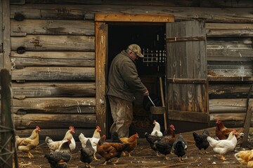 A man stands surrounded by a group of chickens in a rustic barn setting, A farmer feeding chickens in a charming rustic barnyard - Powered by Adobe