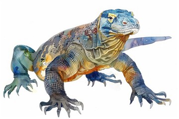 Obraz premium Komodo dragon, Pastel-colored, in hand-drawn style, watercolor, isolated on white background