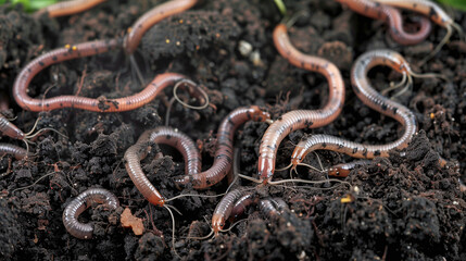  Group of earthworms in the soil and compost, as a background. Gardening concept. 