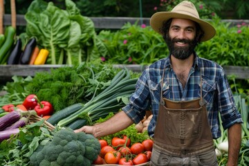 Fototapeta premium A farmer proudly stands in front of a bountiful harvest of freshly picked vegetables, A farmer standing proudly next to a freshly harvested bounty of vegetables