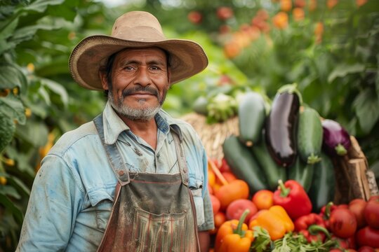 A man proudly stands next to a bunch of freshly harvested vegetables in a field, A farmer standing proudly next to a freshly harvested bounty of vegetables