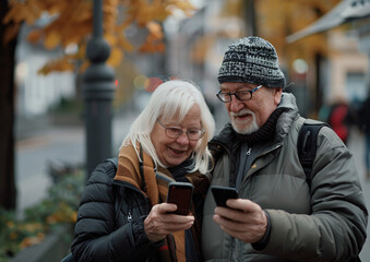 Senior Couple Using Smartphones on a Leisurely Autumn Walk in the City