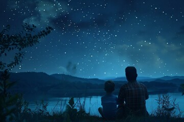 A man and a woman sit on a hill, gazing at the stars in the night sky, A father and child stargazing together on a summer night