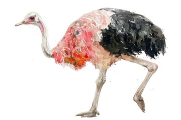 Ostrich,  Pastel-colored, in hand-drawn style, watercolor, isolated on white background